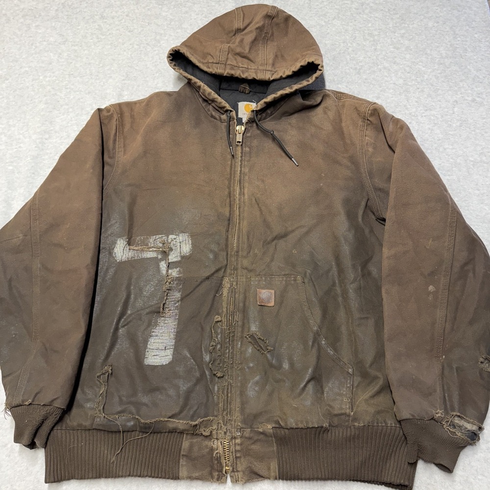 Carhartt Active Jacket Mens XLT Brown Duck Hooded Insulated J130 DKB Distressed